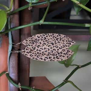 Faux Leather Metallic Black and Tan Animal Print Feather Drop Earrings